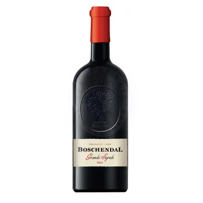  Uma garrafa elegante de Boschendal Heritage Grande Syrah, com seu rótulo sofisticado e cor rubi intensa