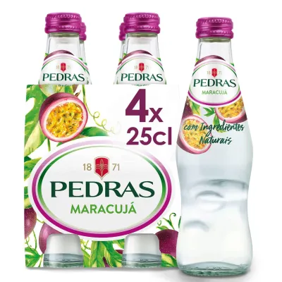 Água Pedras Salgadas com Gás Maracujá 4x25cl Pack de 4 garrafas Pedras Maracujá 25cl – água mineral natural com gás e sabor tropical a maracujá.