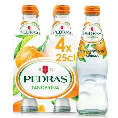 Pack de 4 garrafas Pedras Tangerina 25cl – água mineral natural com gás e sabor a tangerina.