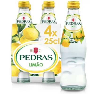 Pack de 4 garrafas Pedras Limão 25cl – água mineral natural com gás e sabor a limão.