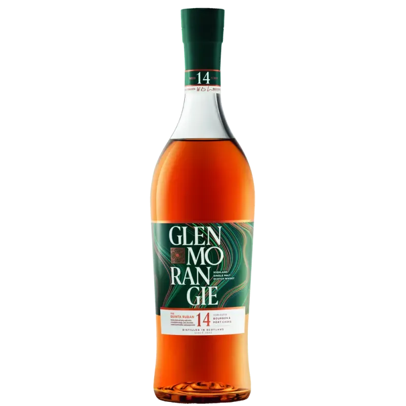 Whisky Glenmorangie Garrafa Glenmorangie The Quinta Ruban 14 Anos – single malt rico, aveludado e finalizado em barris de vinho do Porto.