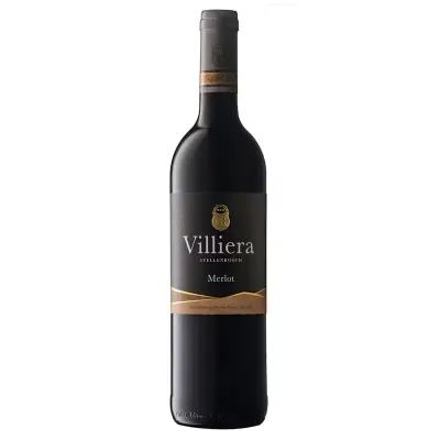 Villiera Merlot Garrafa de Villiera Merlot — vinho tinto sul-africano, rótulo clássico da Villiera, sobre fundo neutro.