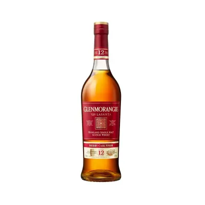 Whisky Glenmorangie Garrafa de Whisky Glenmorangie Lasanta 12 Anos, com detalhes elegantes em tons de vermelho e dourado.