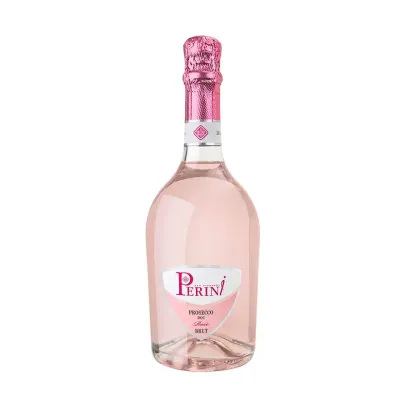 Perini Prosecco Doc Rosé Brut Millesimato Garrafa de Perini Prosecco Rosé Brut Millesimato com taça ao lado, refletindo o tom rosé e perlage fino.