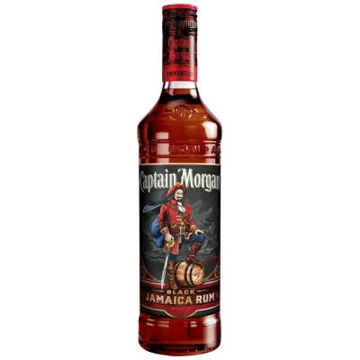 Garrafa de Captain Morgan Black Jamaica Rum, com rótulo escuro e toque vintage, destacando o rum envelhecido.