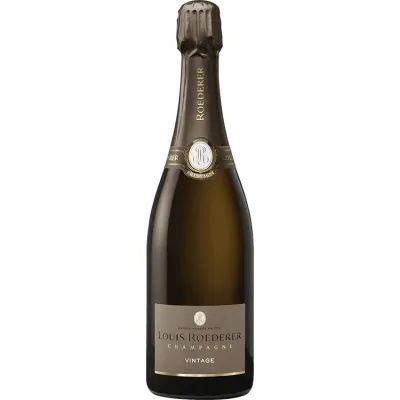 Uma foto atraente da garrafa de Champagne Louis Roederer Brut Vintage, destacando a marca e o estilo vintage. 
