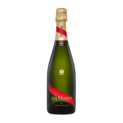 Mumm Cordon Rouge Brut Garrafa do champagne Mumm Cordon Rouge Brut com rótulo preto e a icônica faixa vermelha, apresentando o logotipo da Maison Mumm e o nome do champagne.