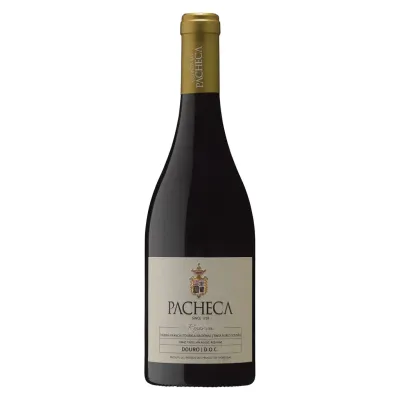 Garrafa elegante do Vinho Tinto Pacheca Reserva com rótulo marrom e dourado, ostentando o nome da marca e a safra.