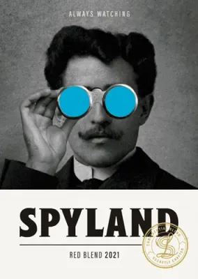 Garrafa elegante do vinho tinto Spyland 2021 com rótulo moderno em tons de azul e branco, destacando o nome do vinho, safra e região de origem.