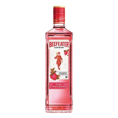 Garrafa de Beefeater London Pink Dry Gin, com design moderno e cor rosa