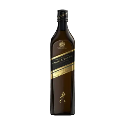 Johnnie Walker Double Black Garrafa de Whisky Johnnie Walker Double Black sob luz suave, exibindo rótulo escuro e grave.