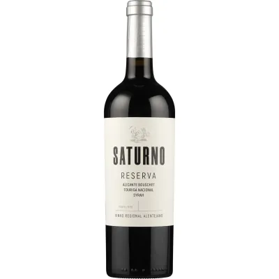 Garrafa de vinho tinto Saturno Reserva Regional Alentejano 2019, elaborado com Touriga Nacional, Alicante Bouschet e Syrah.
