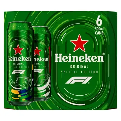 Heineken F1 500ml - 6-Pack Pack com 6 latas de 500ml da cerveja Heineken Puro Malte Lager, refrescante e equilibrada.