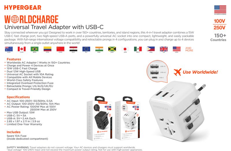 Hypergear Universal Travel Adapter with USB-C