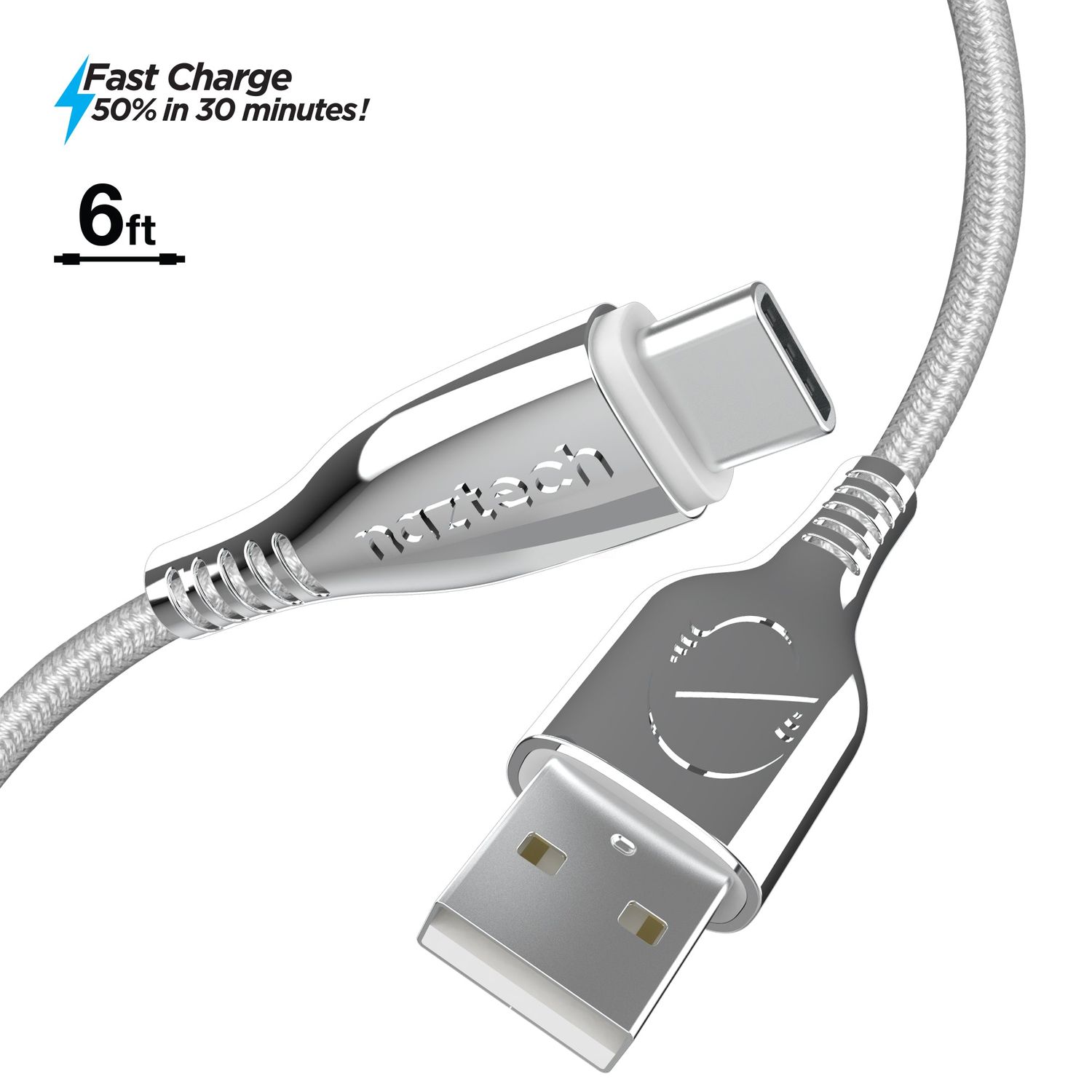 Naztech TITANIUM USB-A to USB-C Braided Cable - 6ft White