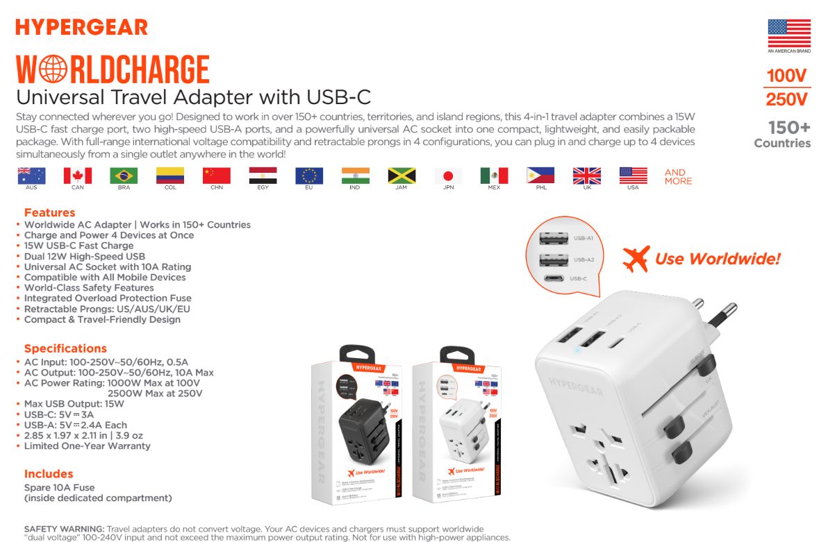Hypergear Universal Travel Adapter with USB-C, color: White