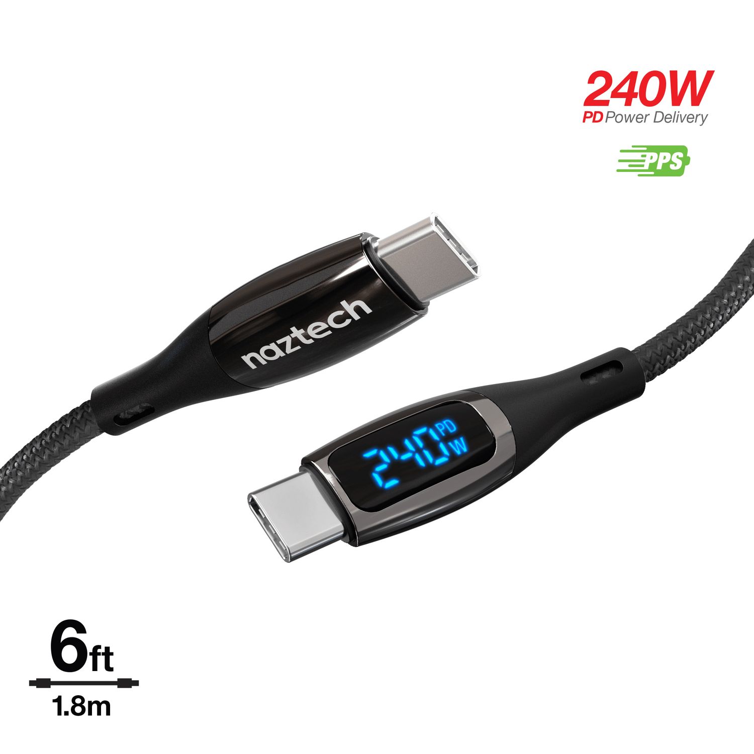 Naztech DigiWATT 240W USB-C to USB-C Digital Fast Charge Cable - 6ft Black