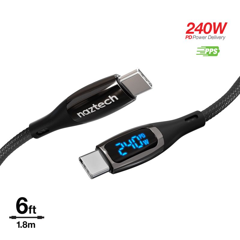 Naztech DigiWATT 240W USB-C to USB-C Digital Fast Charge Cable - 6ft Black