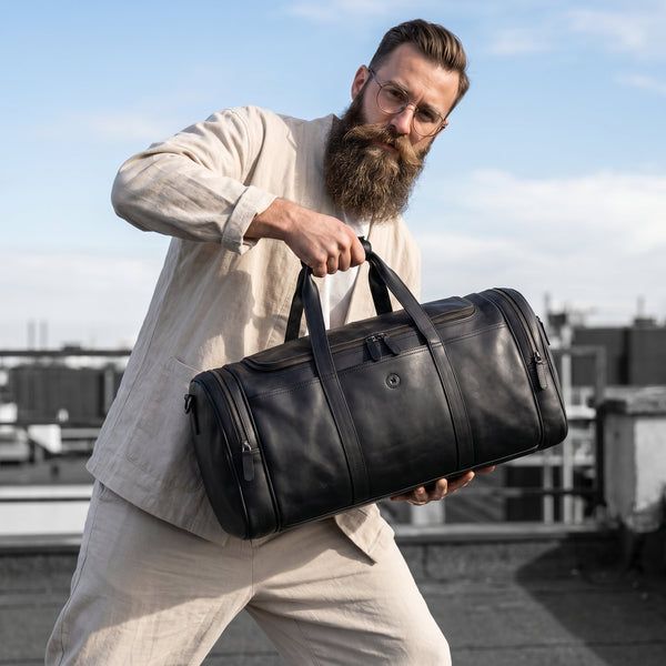 Aaron Leather Goods Cordoba Leather Barrel Bag - Raven Black