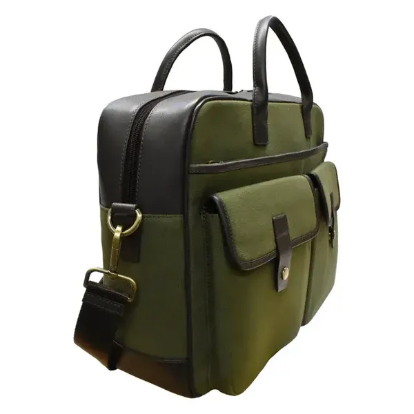ili New York Canvas Travel Briefcase - Olive/Dark Brown