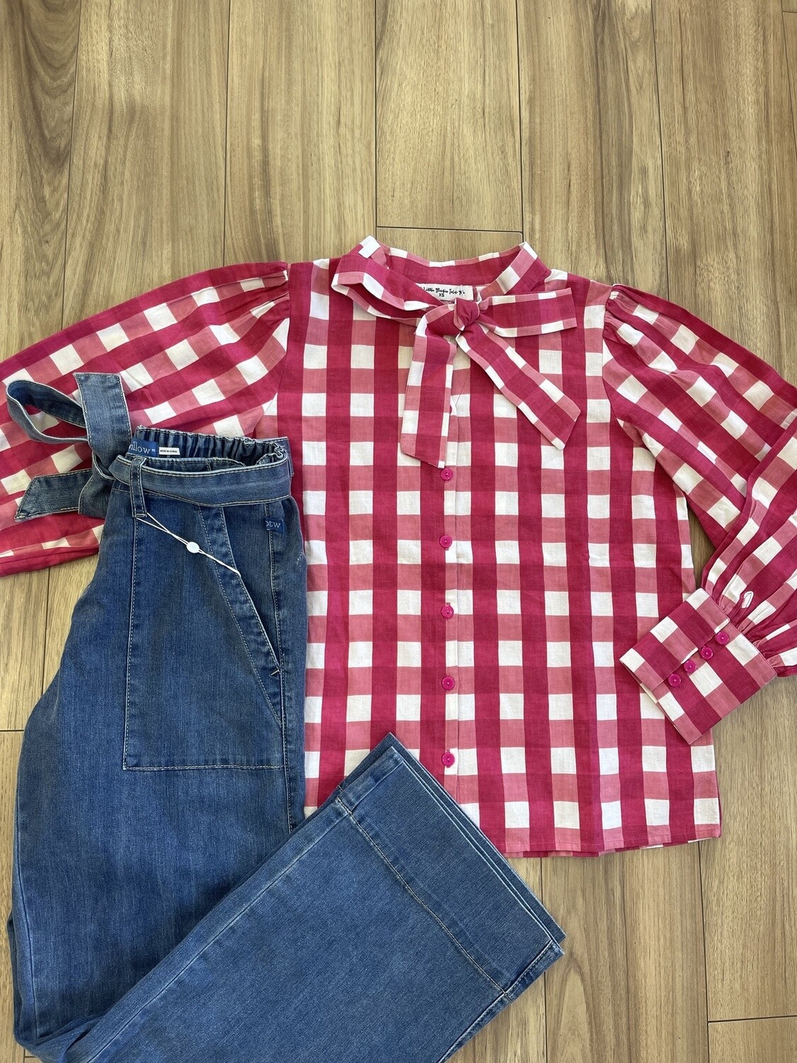131 ALBTM Tie Neck Blouse / Berry Check