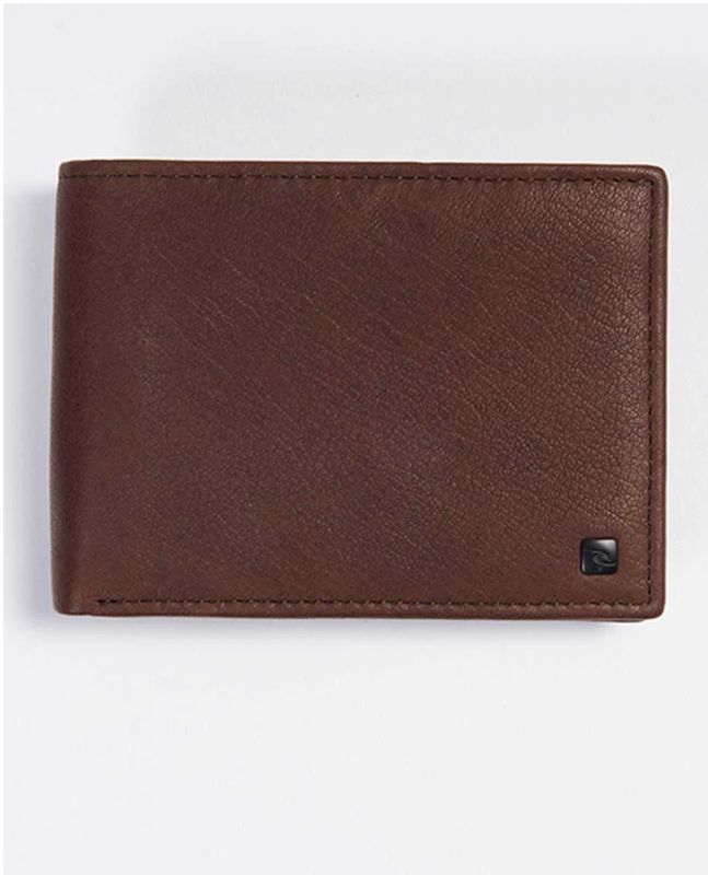 Classic dark brown leather bi-fold wallet featuring subtle stitching and a black RipCurl logo hardware detail on the corner.