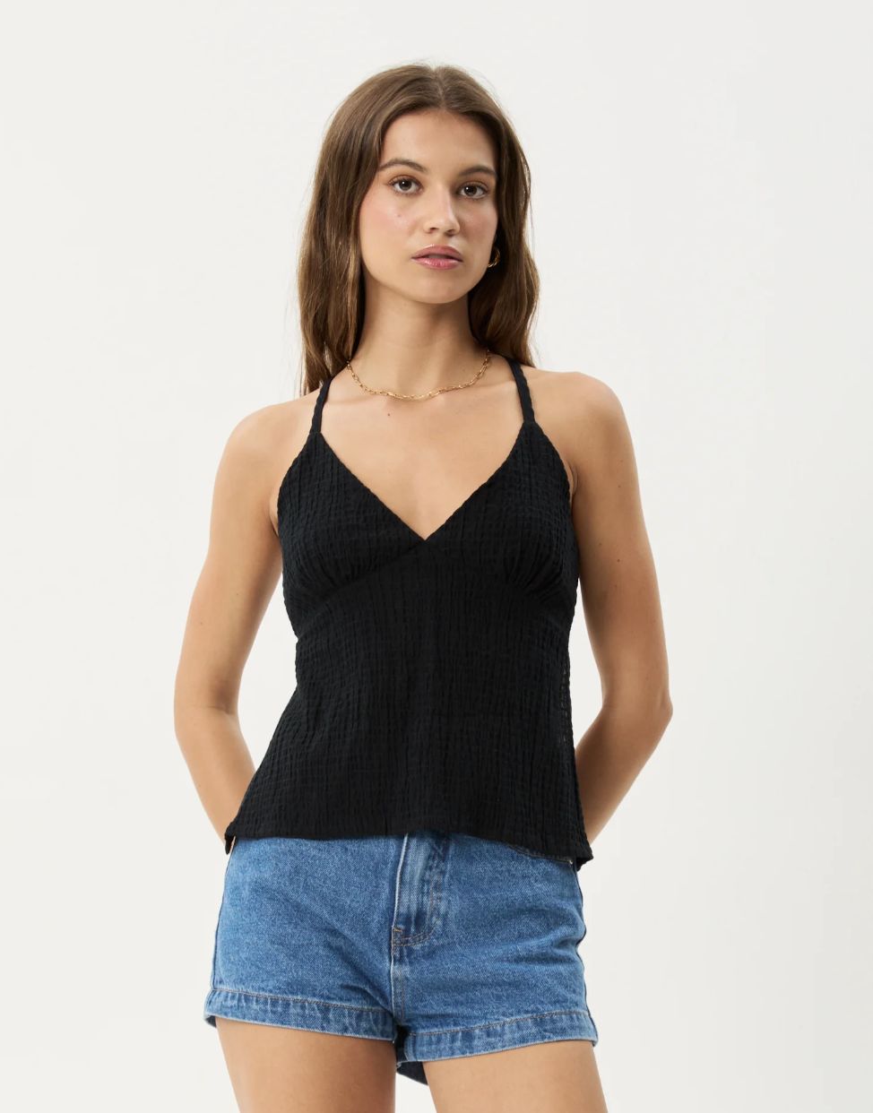 Afends Focus Hemp Seersucker Strappy Top/ Black