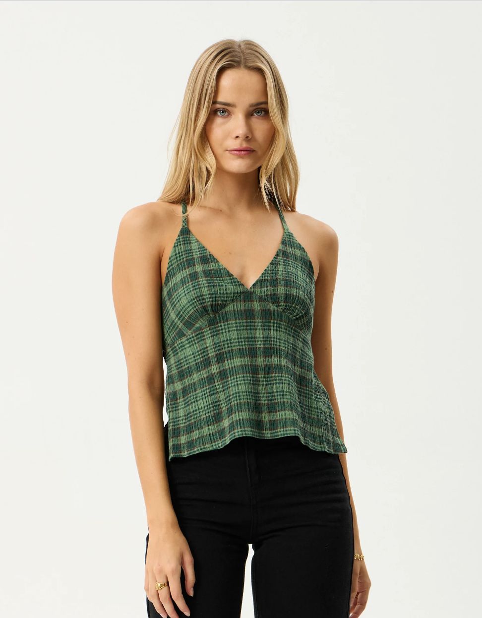 Afends Focus Hemp Seersucker Strappy Top / Hunter Green