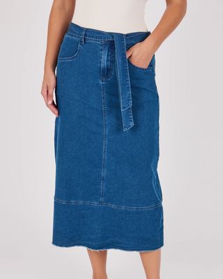 OTW Hem Panel Detail Midi Skirt/ Mid Blue