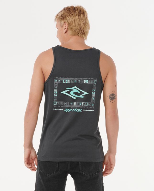 Back view of men’s black Rip Curl tank top with turquoise graphic print.