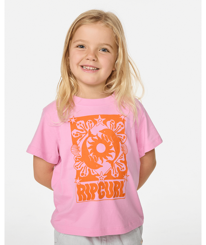 RipCurl Sun Swell Dolphin Tee for girls, pink cotton short sleeve shirt with vibrant orange retro graphic.