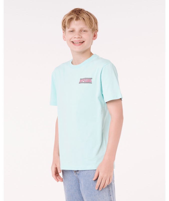 Front view of the Ripcurl Shredding tee on a youth model, highlighting the solid blue body and small chest logo.