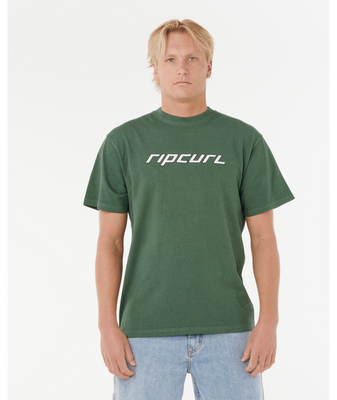 Model wearing the dark forest green RipCurl NU Dosed Tee, featuring a short sleeve relaxed fit and a distinctive white logo