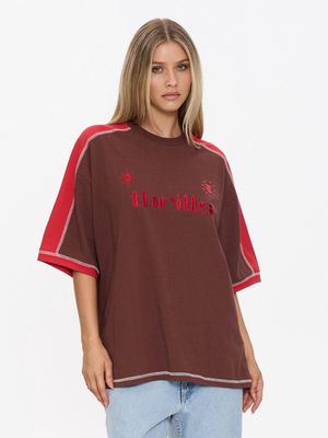 Thrills Hot Shot Panelled Tee brown red oversized shirt embroidered logo streetwear fashion.