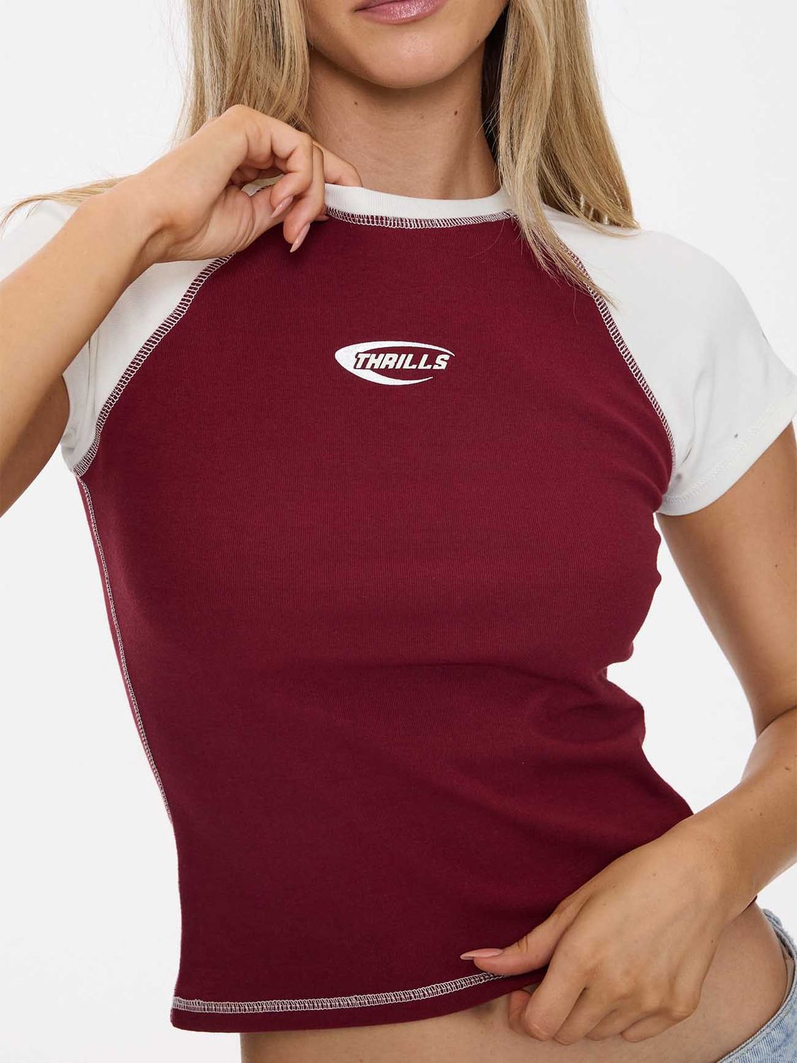 Thrills Playing For Keeps Raglan Club Tee detail: fitted, burgundy body, white raglan sleeves, contrast stitching, and chest 