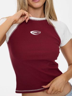 Thrills Playing For Keeps Raglan Club Tee detail: fitted, burgundy body, white raglan sleeves, contrast stitching, and chest 