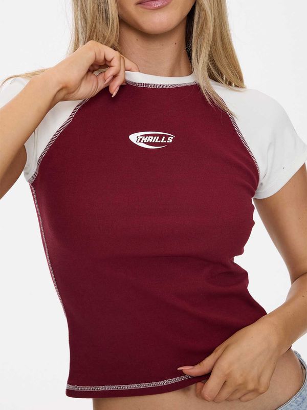 Thrills Playing For Keeps Raglan Club Tee detail: fitted, burgundy body, white raglan sleeves, contrast stitching, and chest 