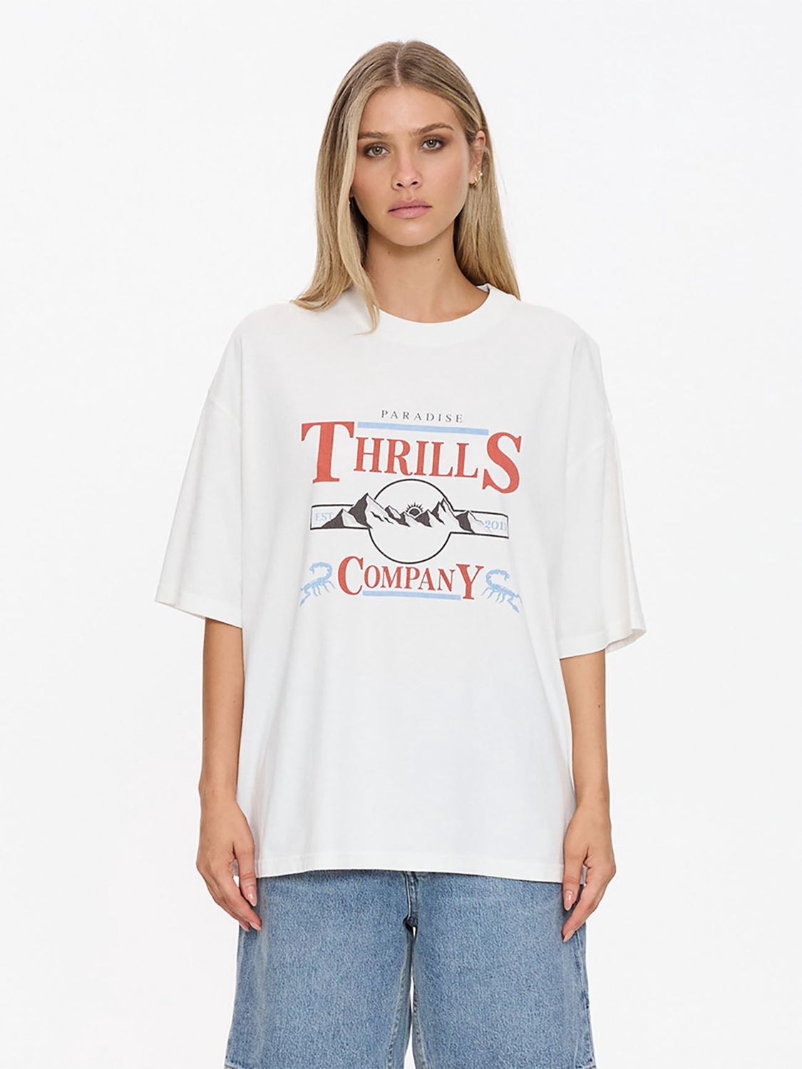 Thrills Touch the Sky Oversized Tee White Graphic T-Shirt for women, relaxed fit cotton tee with retro mountain print.