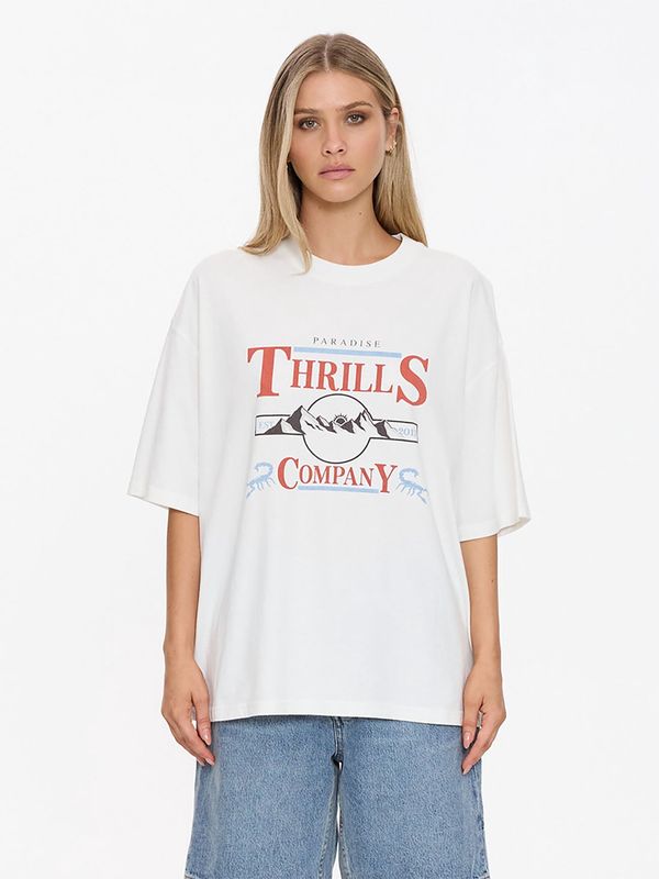 Thrills Touch the Sky Oversized Tee White Graphic T-Shirt for women, relaxed fit cotton tee with retro mountain print.