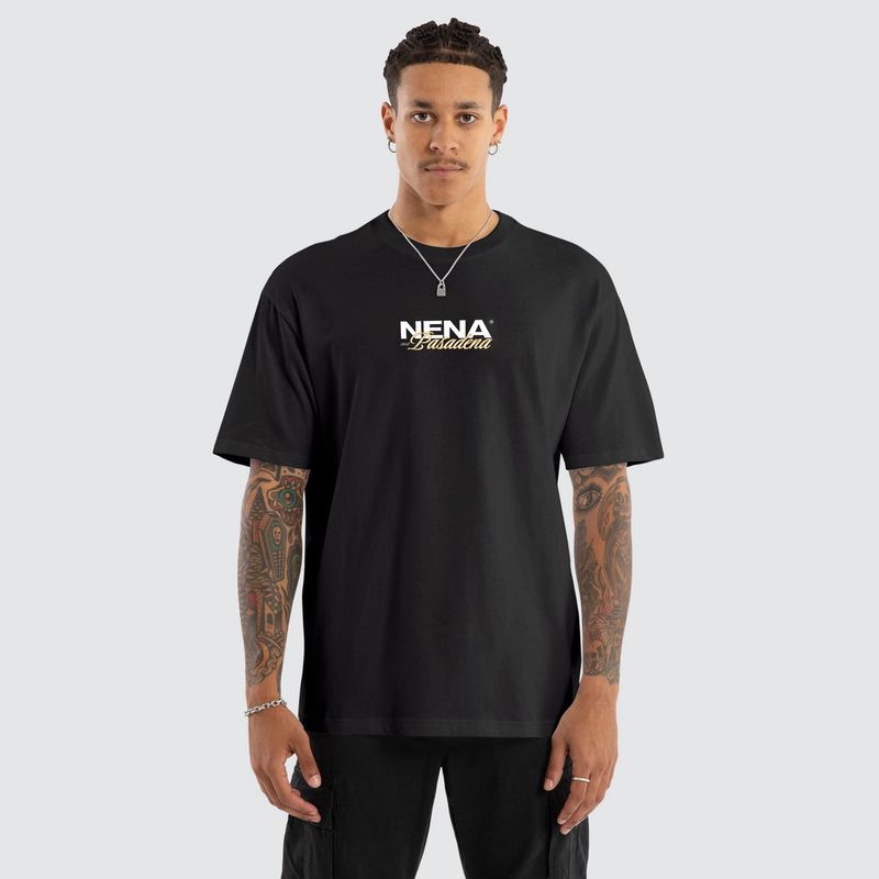A male model wearing the Nena and Pasadena NXP Demand Box Fit Tee in black, featuring a white and gold chest logo.