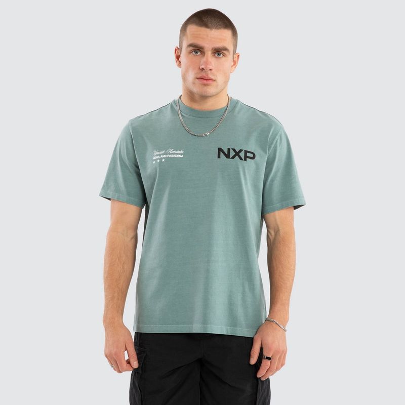 Nena and Pasadena NXP End Game Classic Tee for men, relaxed fit short sleeve graphic shirt, dusty sage green, comfortable tee
