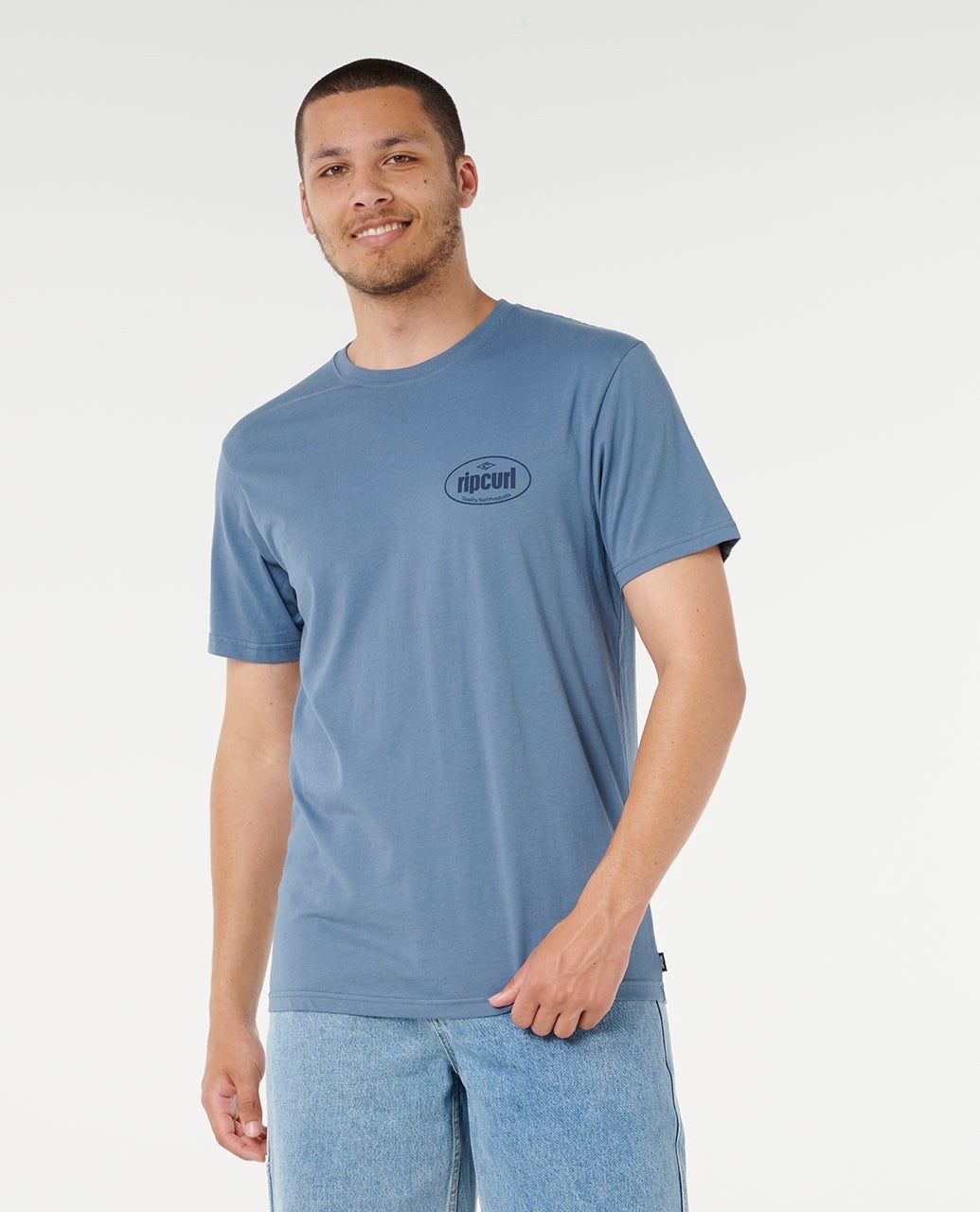 Ripcurl Everyday Tee in Slate Blue for Men. Surfwear cotton crewneck shirt with small chest logo.