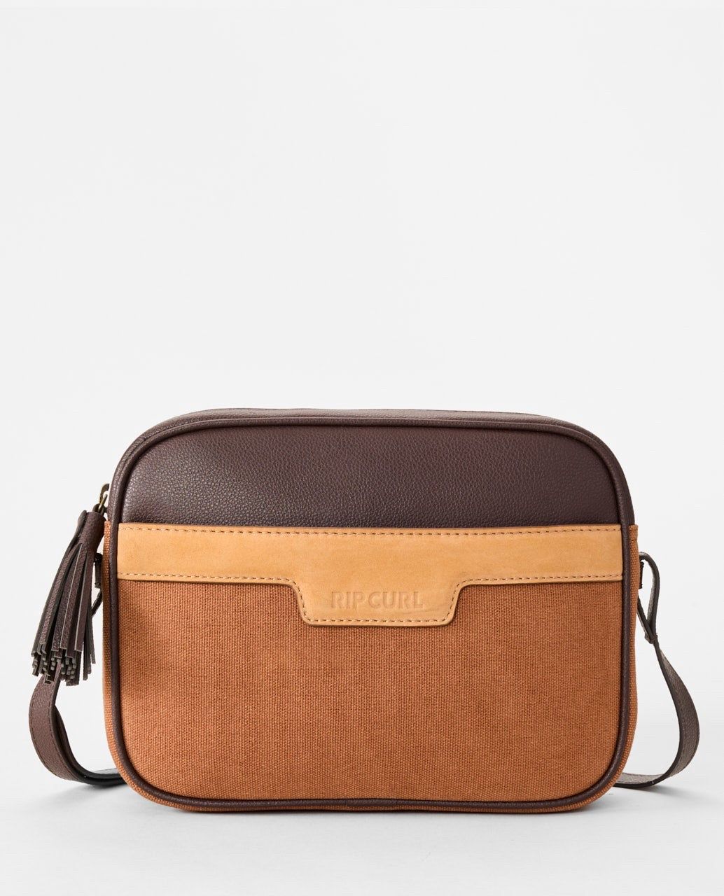 Front view of the RipCurl Boho Cross Body Bag featuring a tan faux leather top panel, textured chocolate textile bottom