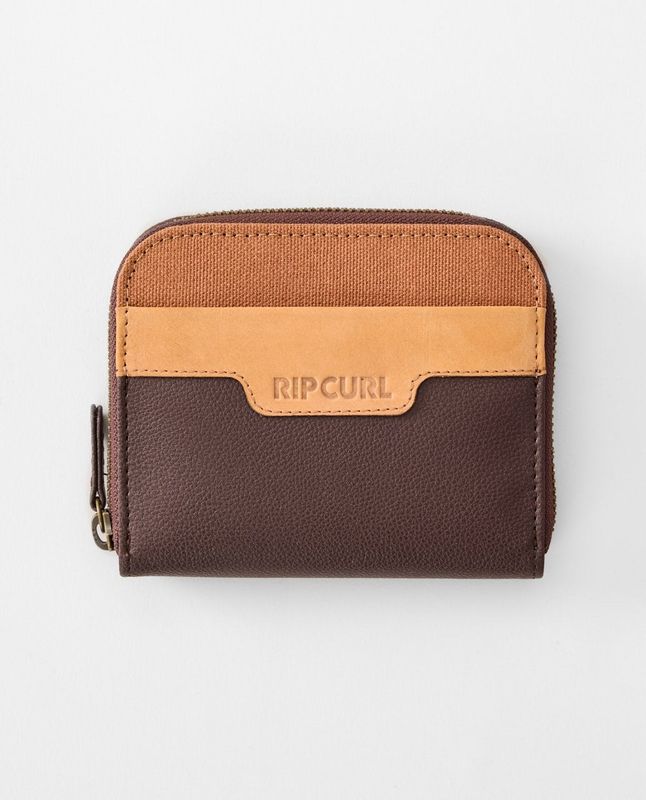 Close-up of Ripcurl Boho Wallet in Chocolate, featuring a contrast dark brown textured base and a lighter tan canvas upper
