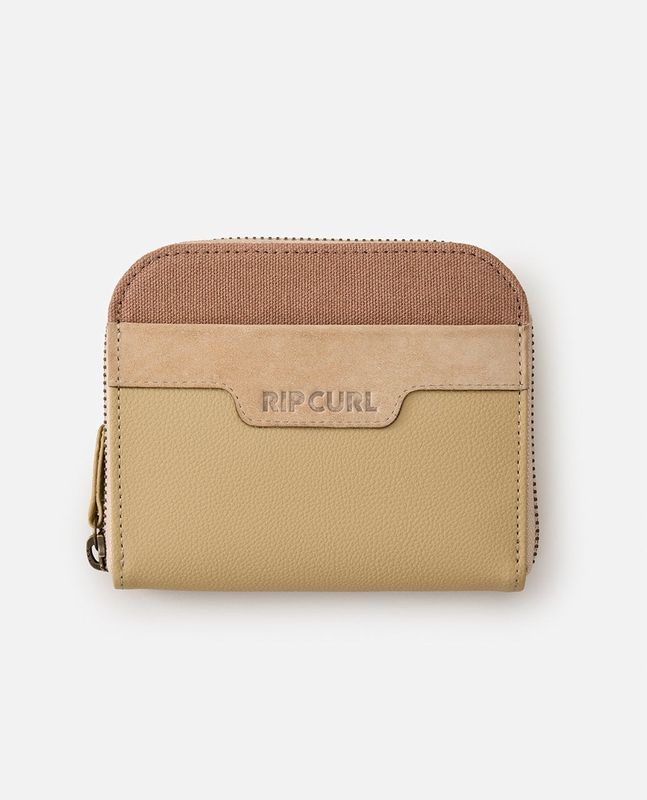 Closed Ripcurl Boho Wallet featuring natural beige faux leather and a contrasting tan canvas/suede upper panel.