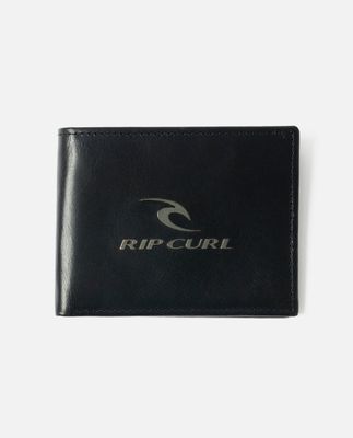 Sleek black bi-fold wallet exterior featuring a metallic Rip Curl logo plaque.