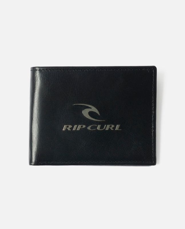 Sleek black bi-fold wallet exterior featuring a metallic Rip Curl logo plaque.
