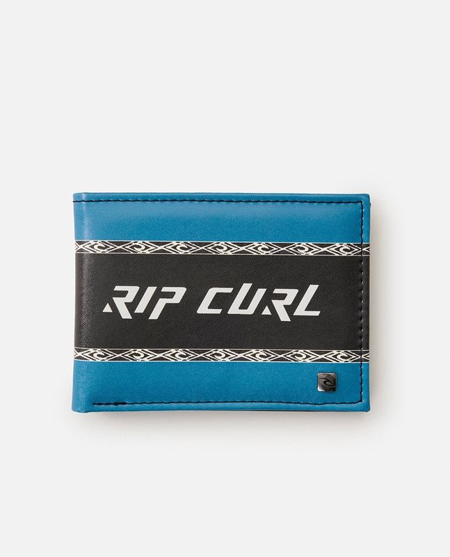 A vibrant blue slim wallet featuring a central black band with a white Rip Curl logo and intricate tribal pattern accents