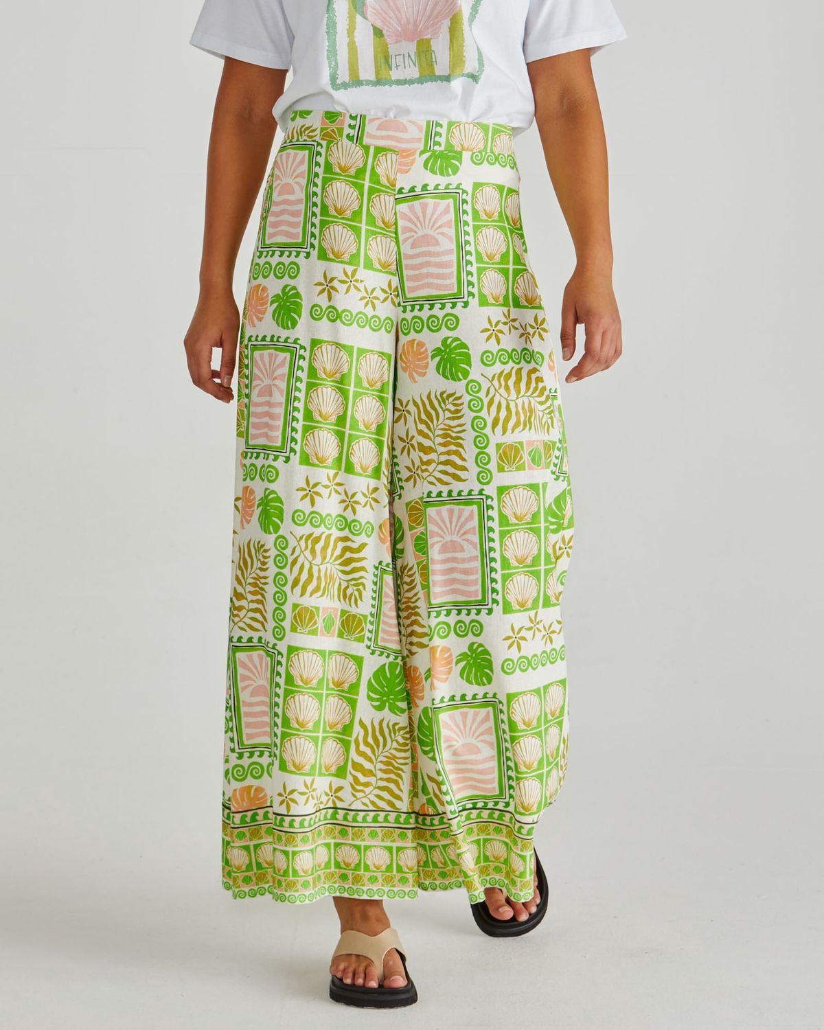Sass Emmett Wide Leg Pant, high-waisted wide-leg trousers, vibrant green/pink tropical shell print, relaxed fit for summer.