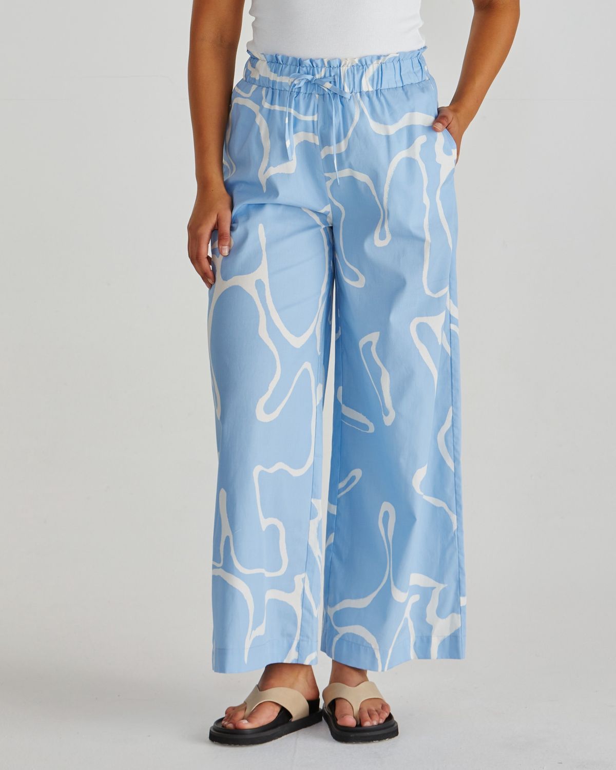 Sass Tilda Pant wide leg trousers for women, light blue abstract print, comfortable elastic waist casual pants, summer styles